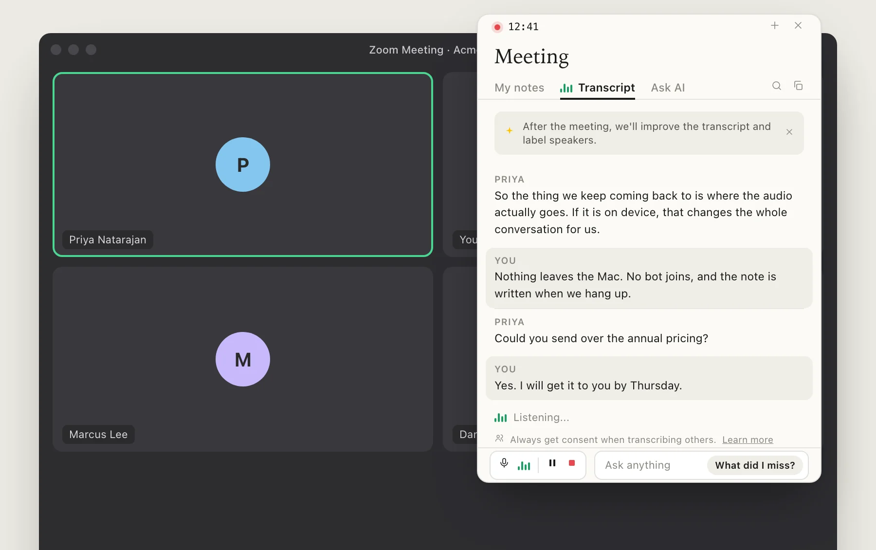 The Ducktate meeting companion floating over a Zoom call, transcribing live on the Mac